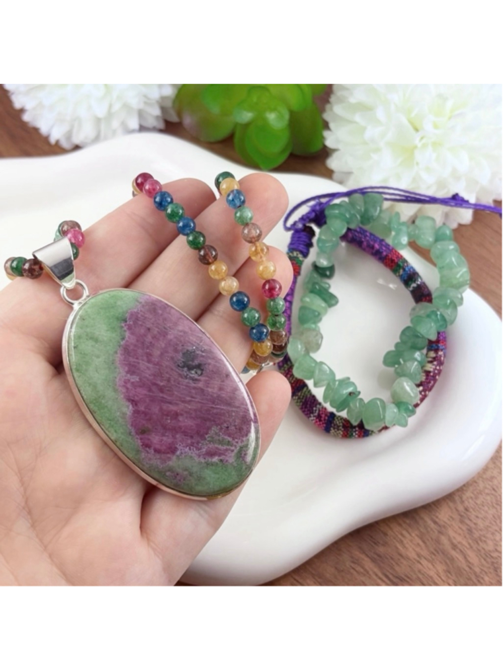 Boho Southwest Big Ruby Zoisite Pendant Necklace Jewelry Set Lot Handmade 925 - Picture 2 of 9
